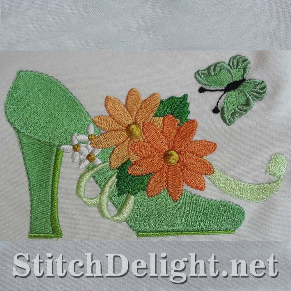 Elegant single design featuring stunning shoes with exquisite flowers for the 4x4 hoop