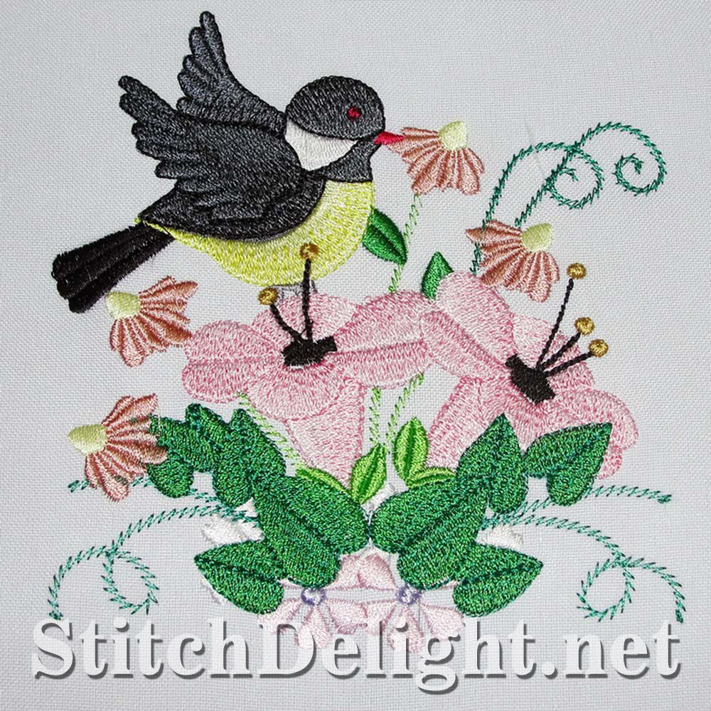 Adorable birdy single design with stunning florals done in the 5x7 hoop.