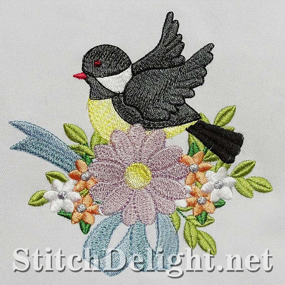 Adorable birdy single design with stunning florals done in the 5x7 hoop.