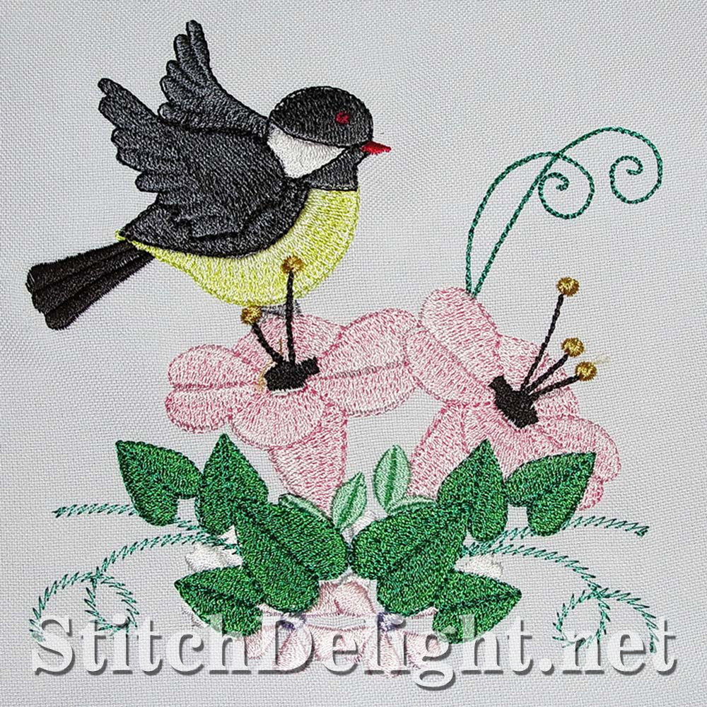 Adorable birdy single design with stunning florals done in the 5x7 hoop.