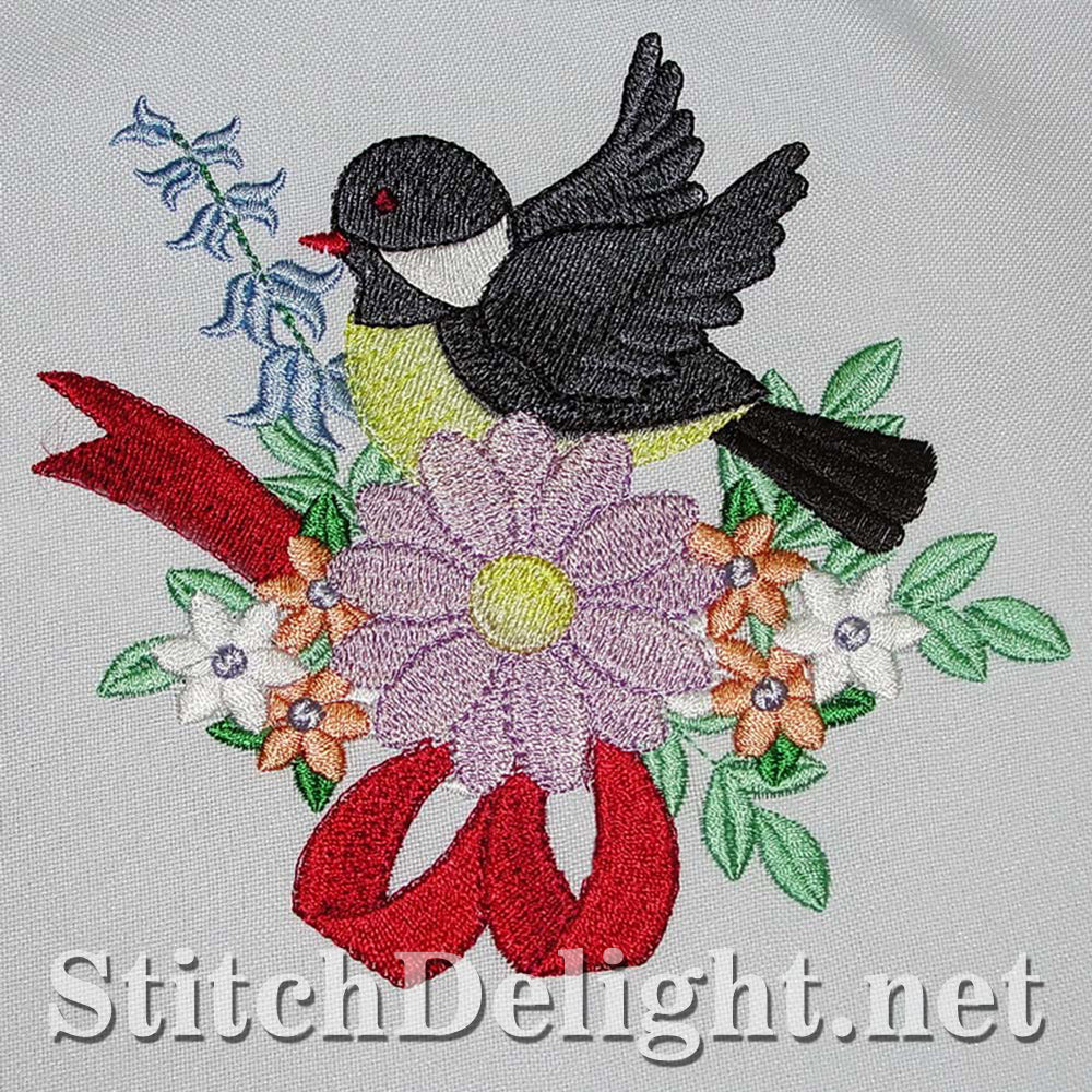 Adorable birdy single design with stunning florals done in the 5x7 hoop.