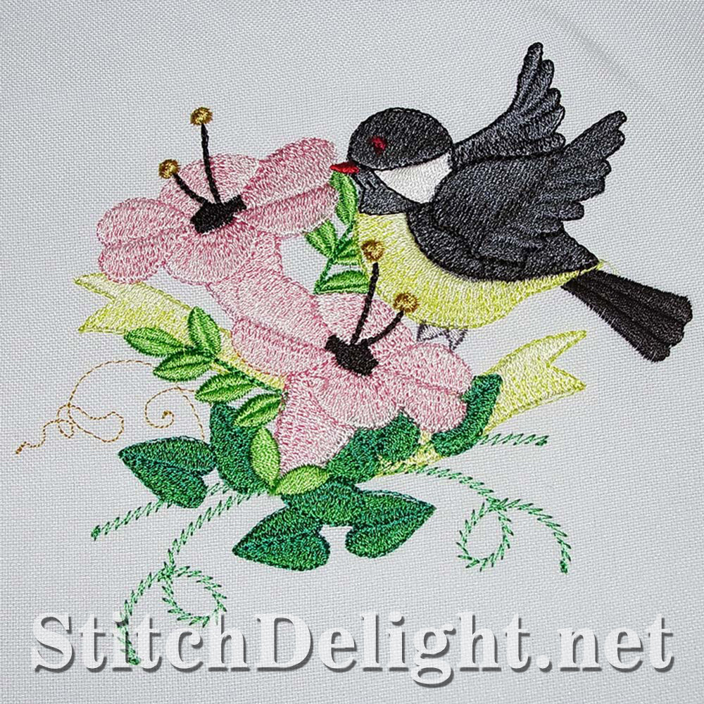 Adorable birdy single design with stunning florals done in the 5x7 hoop.