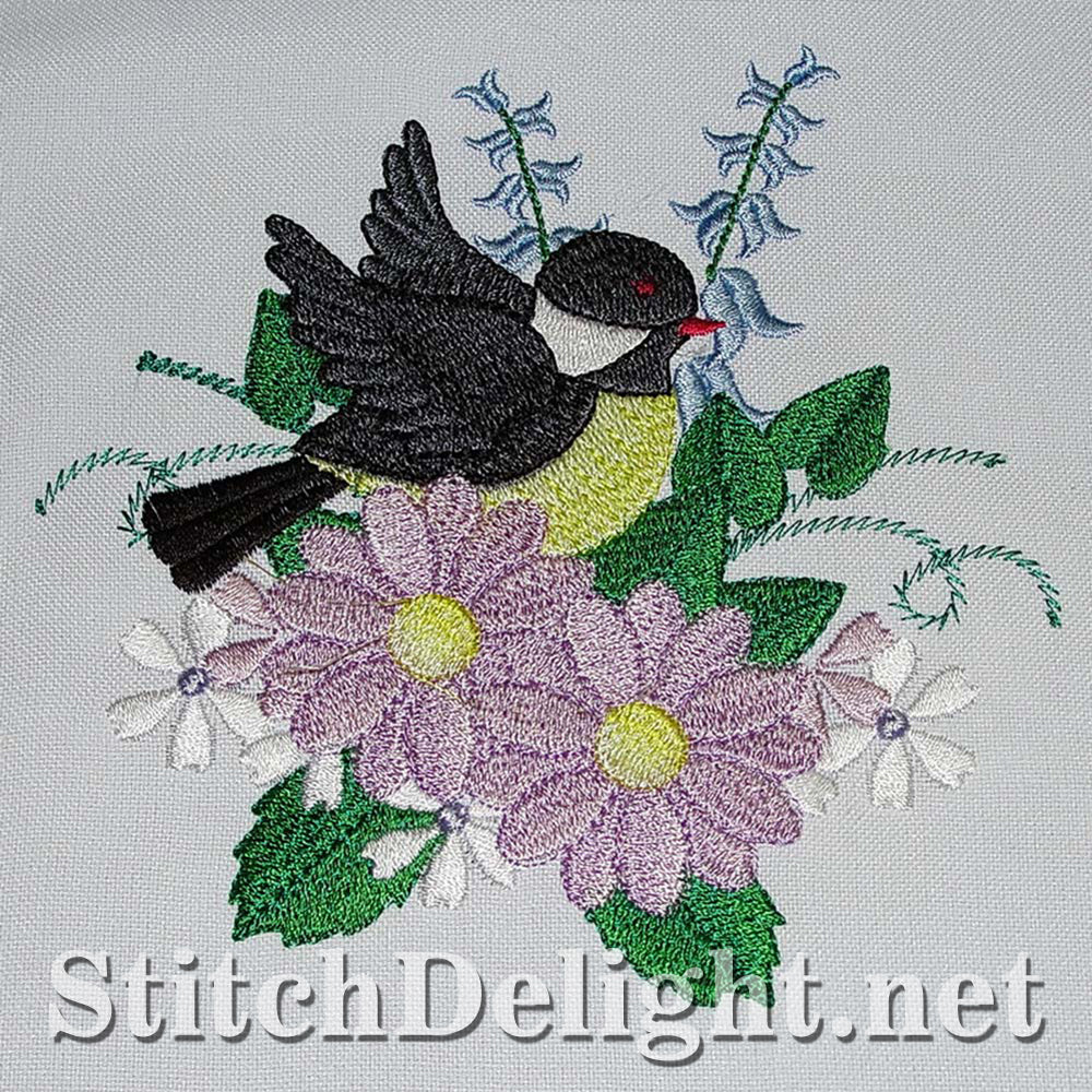 Adorable birdy single design with stunning florals done in the 5x7 hoop.