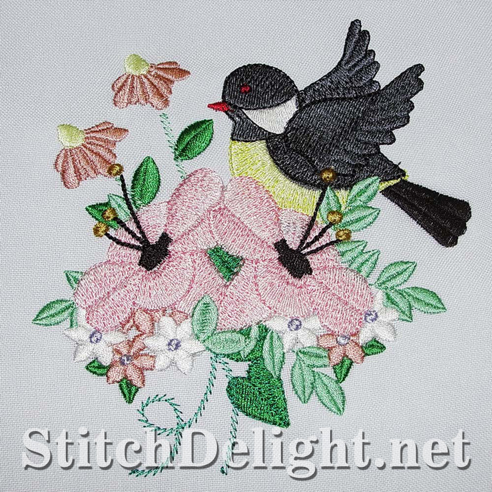 Adorable birdy single design with stunning florals done in the 5x7 hoop.